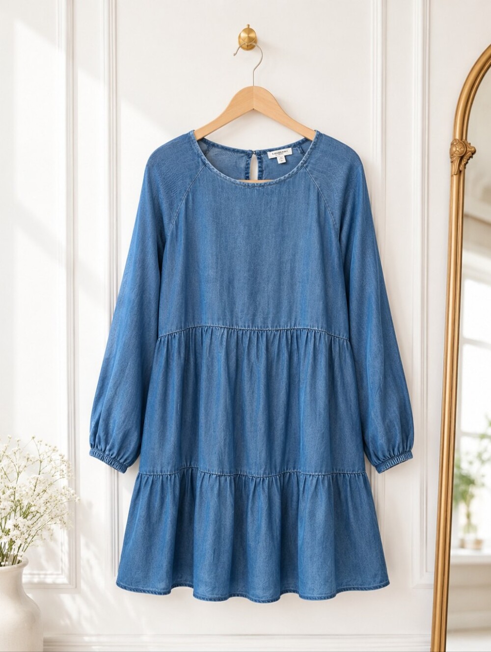 BeachLunchLounge Blue Tiered Mini Dress Size XS | Oversized Boho Lyocell Dress - Picture 5 of 8